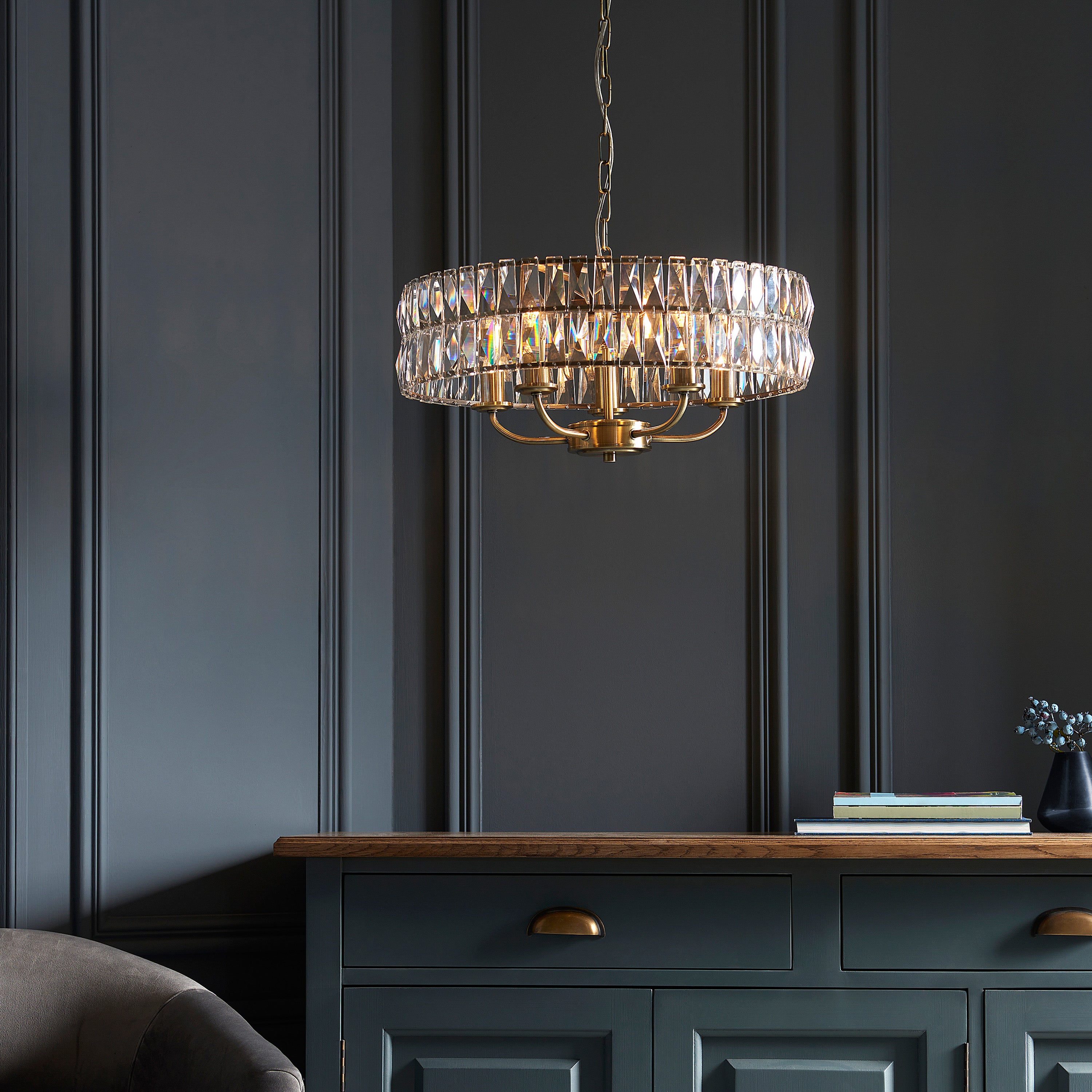 Albion Antique Brass & Crystal Glass Pendant Light | Large